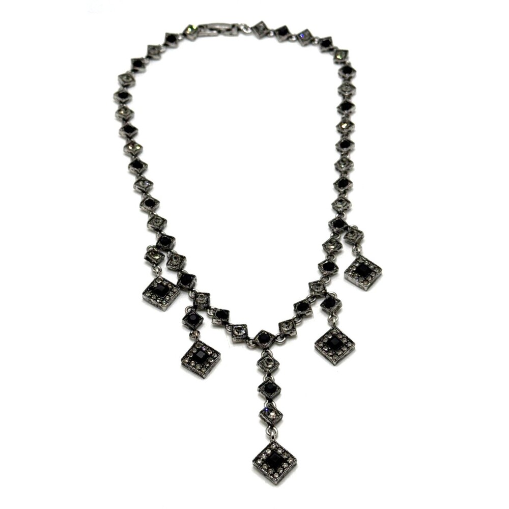 Vintage Black & Smoky Dangle Rhinestone Necklace Victorian Revival Style Goth